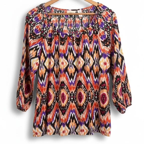 Chico's Womens L Boho‎ Peasant Artsy Maximalist Southwestern Ikat Tunic Blouse - Picture 1 of 12